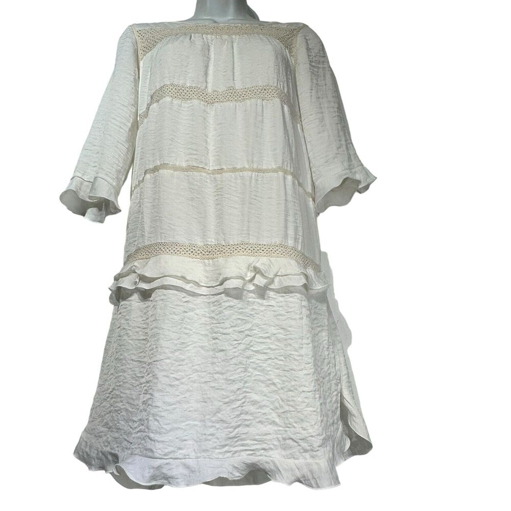 Who What Wear White Ivory Ruffle Tiered Crochet 3/4 Sleeve Short Dress Size S - Picture 1 of 7